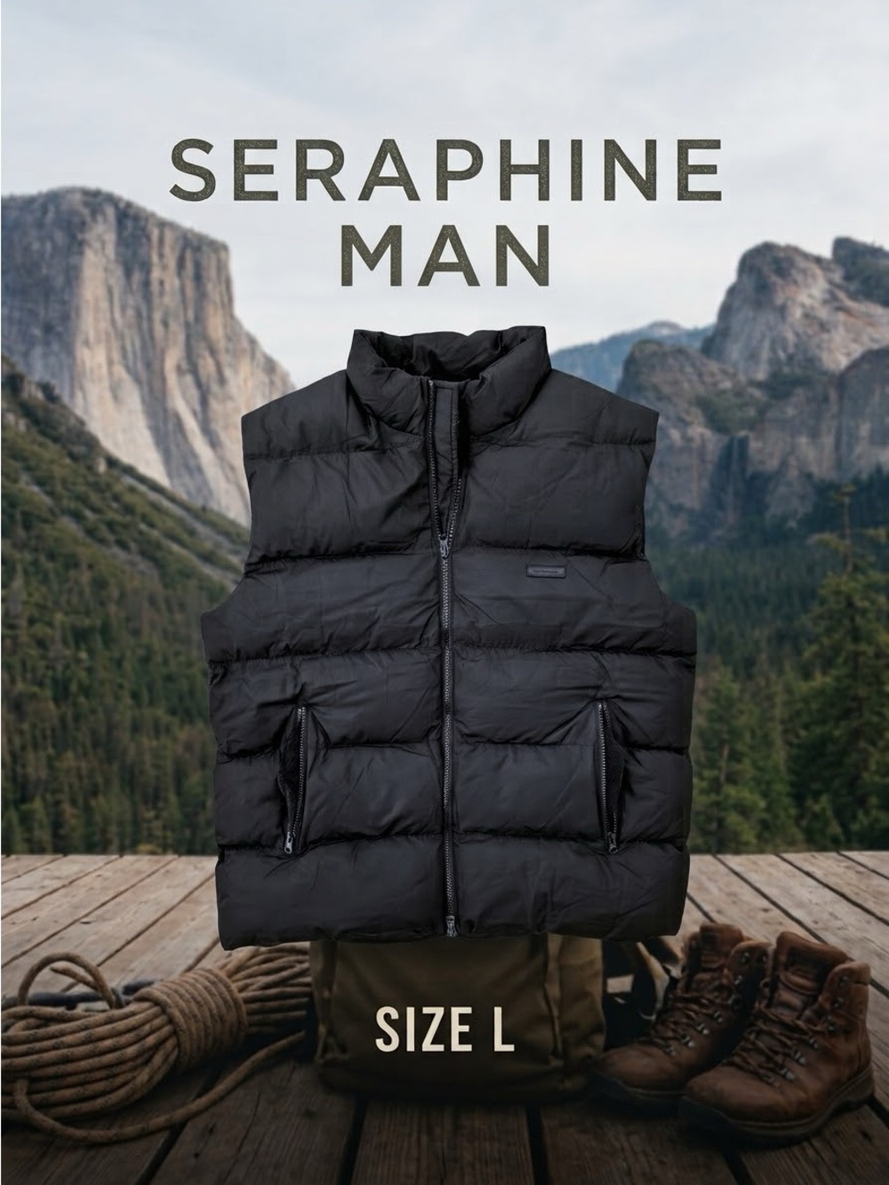 SERAPHINE Men's Black Quilted Puffer Vest Two-way Full Zip Pockets Size L